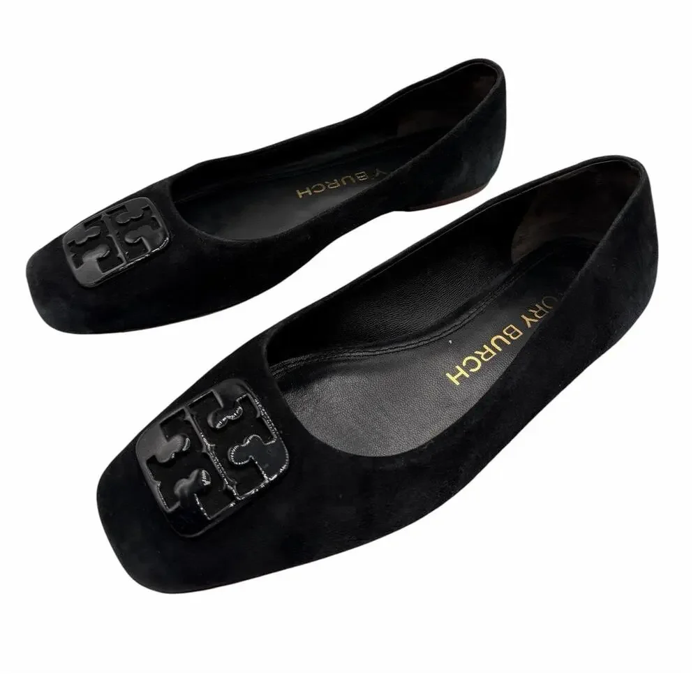 Tory Burch Gigi Ballet Flats Black Suede Square Toe Logo Size 8 Quiet Luxury